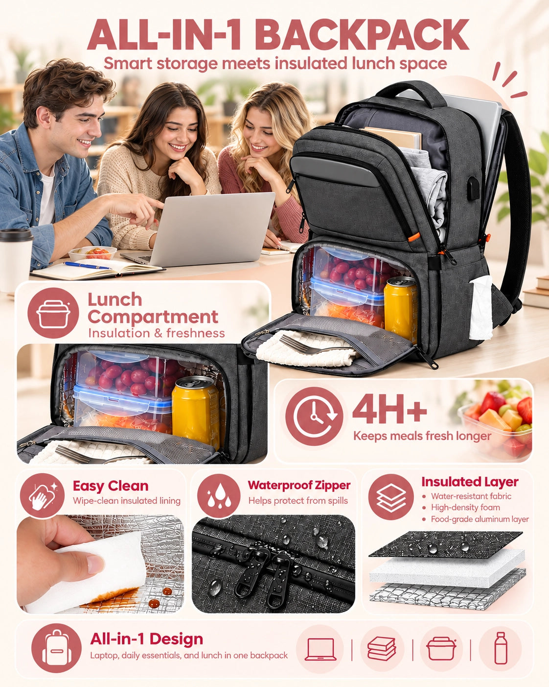 Insulated Lunch Backpack – 15.6"/17.3" Laptop Bag with Cooler Compartment for Office, Travel, Picnics & Everyday Use