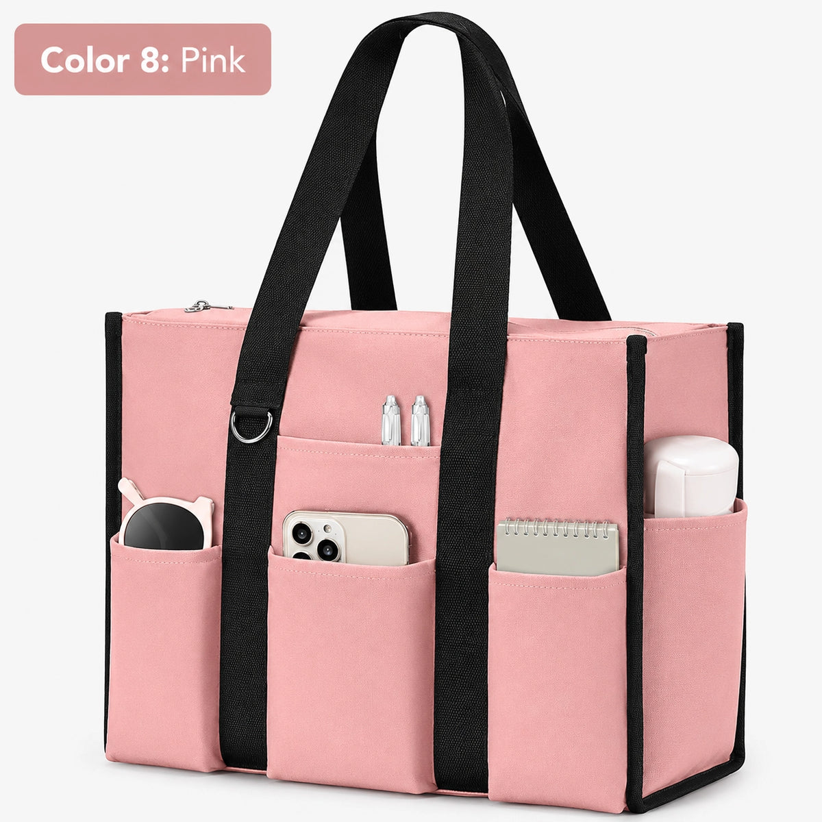Large Utility Tote Bag with 12 Pockets, Top Zipper & Waterproof Fabric