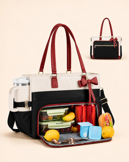 Large Tote Bag for Women with Insulated Lunch Compartment, Laptop Storage, Cup Holder & Waterproof Design