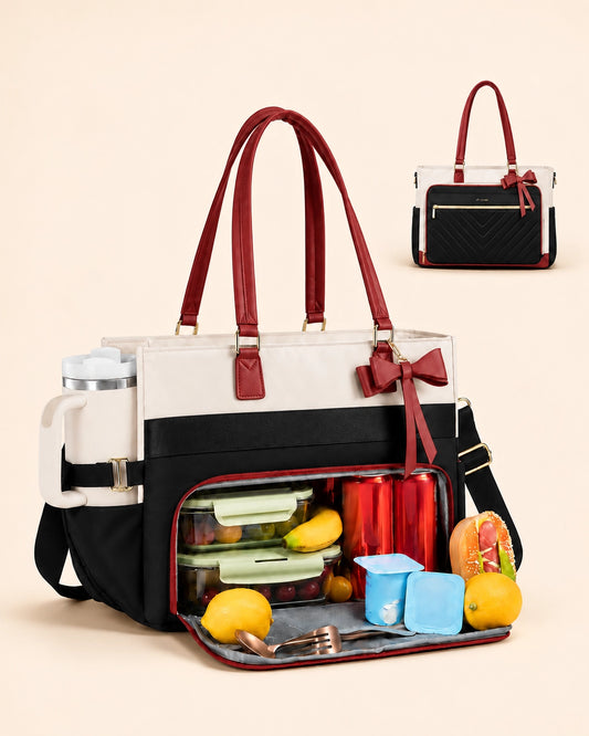 Large Tote Bag for Women with Insulated Lunch Compartment, Laptop Storage, Cup Holder & Waterproof Design