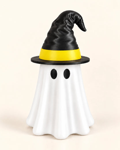 Halloween Ghost Can Holder with Witch Hat – 3D Printed Reusable Drink Sleeve with Straw Opening for 12 & 16 oz Cans