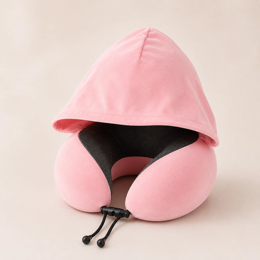 Hooded Memory Foam Travel Neck Pillow – Roll-Up Airplane Neck Support with Eye Mask, Earplugs & Carry Bag