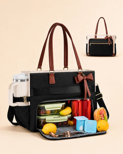 Large Tote Bag for Women with Insulated Lunch Compartment, Laptop Storage, Cup Holder & Waterproof Design
