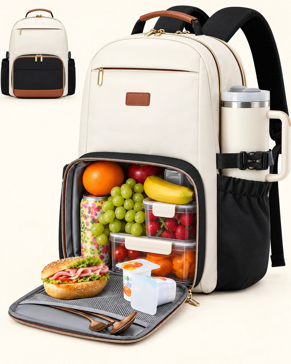 Insulated Lunch Backpack for Women – 15.6" Laptop Work Bag with Lunch Compartment & Tumbler Holder for Office, Travel & College