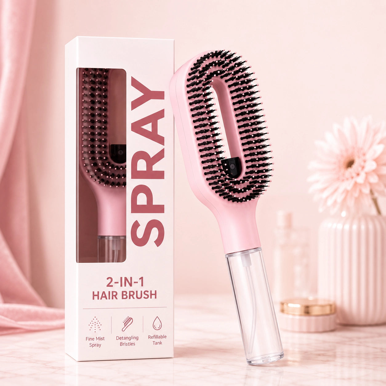 2-in-1 Misting Hair Brush – Detangling Spray Brush for Wet & Dry Hair
