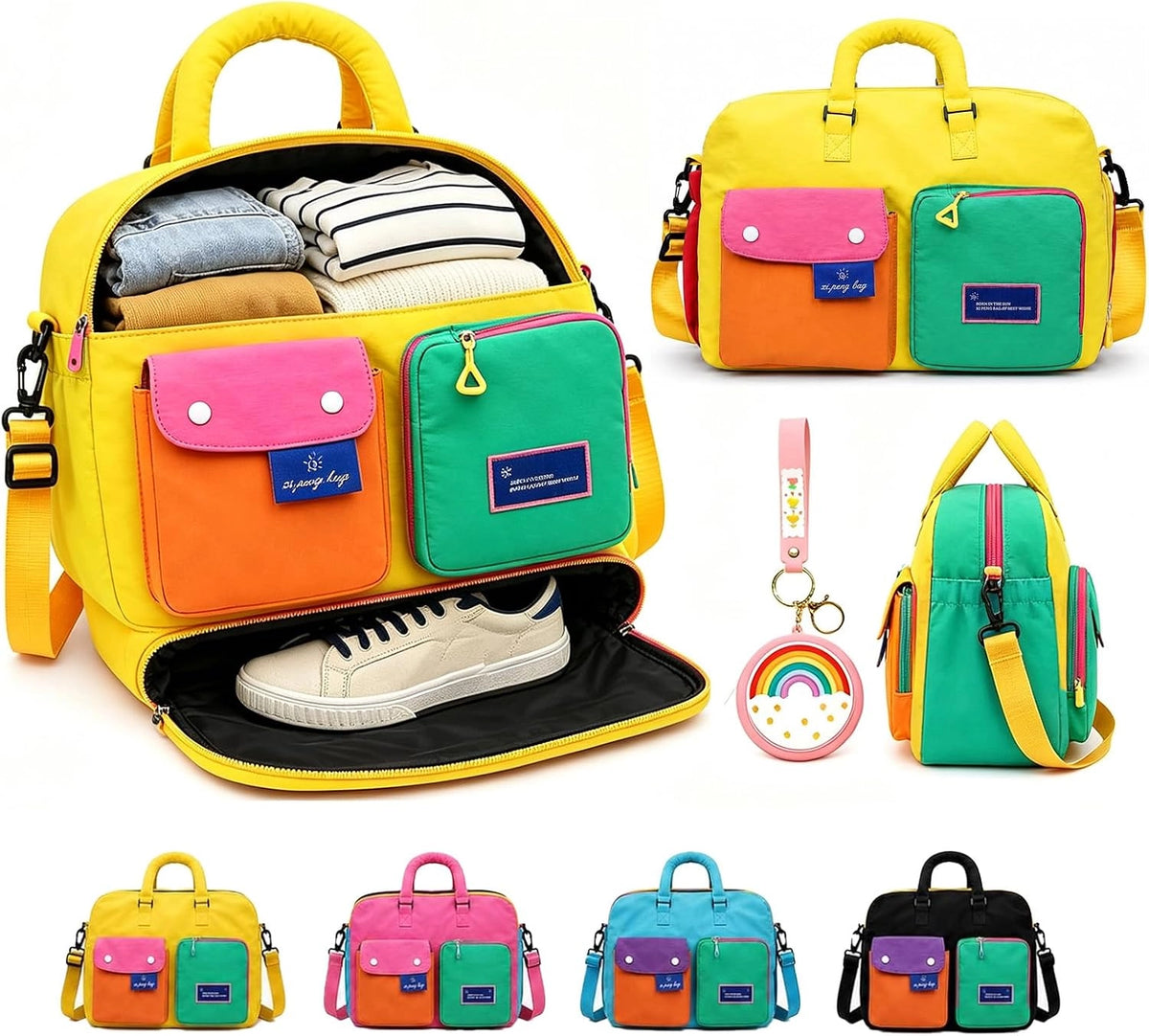 Color Block Weekender Travel Duffel Bag with Shoe Compartment, Waterproof Nylon, Large Capacity for Gym, Travel & Overnight