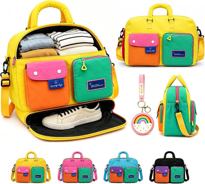 Color Block Weekender Travel Duffel Bag with Shoe Compartment, Waterproof Nylon, Large Capacity for Gym, Travel & Overnight