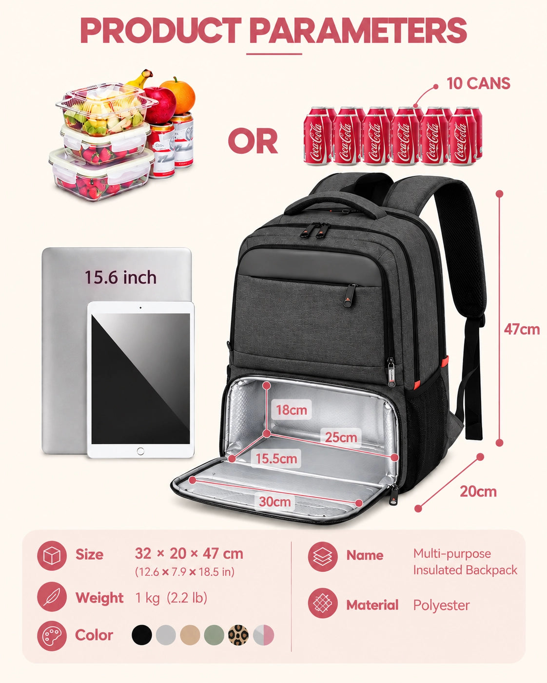 Insulated Lunch Backpack – 15.6"/17.3" Laptop Bag with Cooler Compartment for Office, Travel, Picnics & Everyday Use