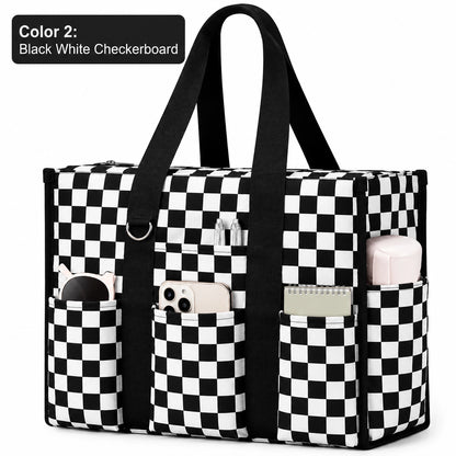 Large Utility Tote Bag with 12 Pockets, Top Zipper & Waterproof Fabric