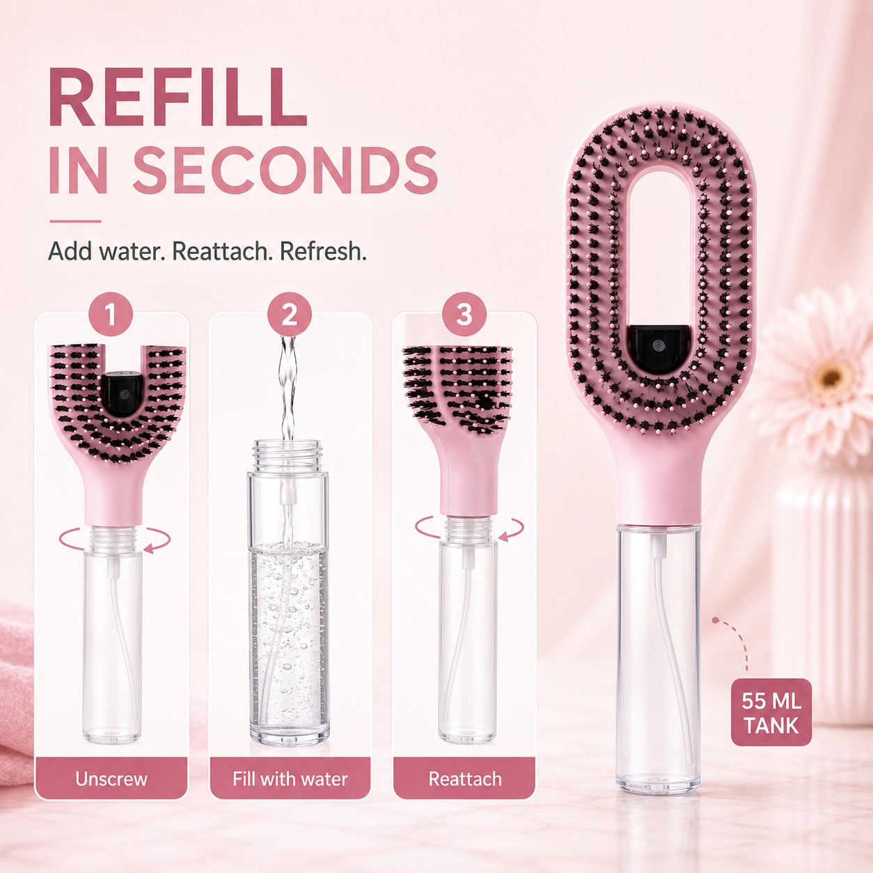 2-in-1 Misting Hair Brush – Detangling Spray Brush for Wet & Dry Hair