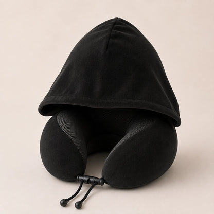 Hooded Memory Foam Travel Neck Pillow – Roll-Up Airplane Neck Support with Eye Mask, Earplugs & Carry Bag
