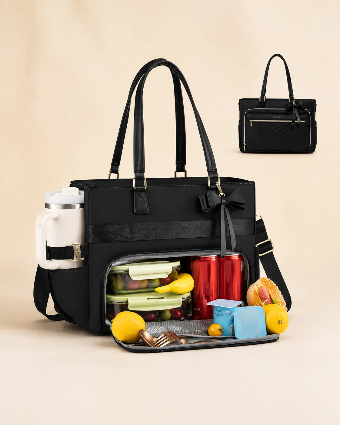 Large Tote Bag for Women with Insulated Lunch Compartment, Laptop Storage, Cup Holder & Waterproof Design