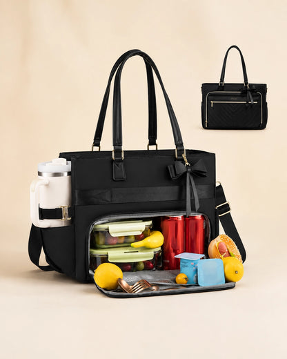 Large Tote Bag for Women with Insulated Lunch Compartment, Laptop Storage, Cup Holder & Waterproof Design