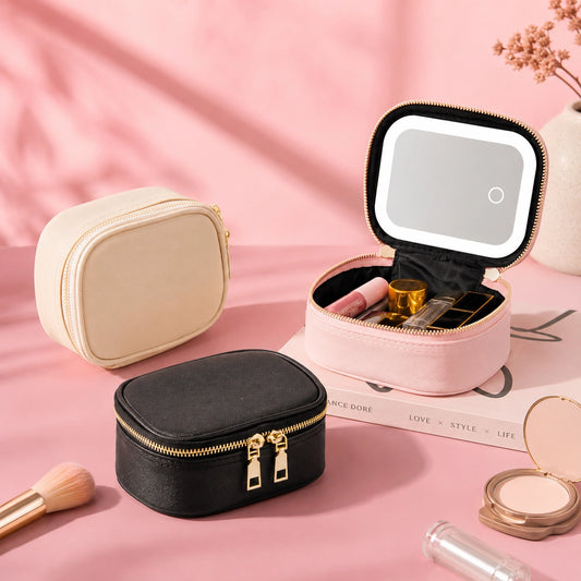 Travel Makeup Bag with LED Mirror – 3 Light Modes Portable Cosmetic Organizer