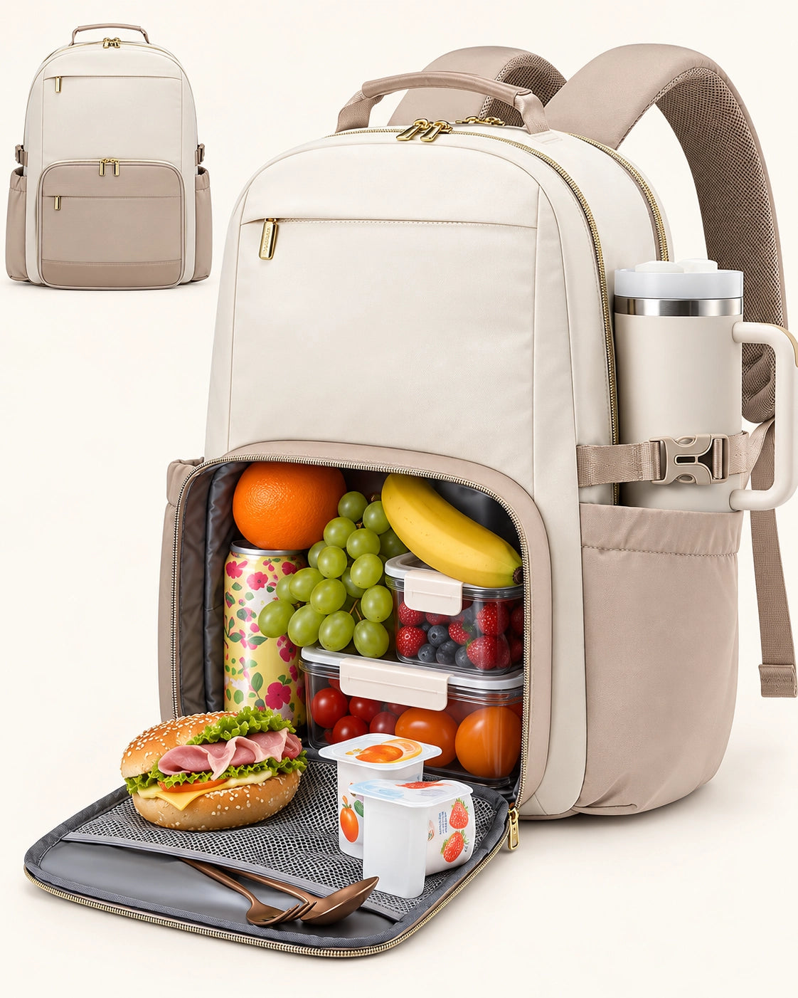 Insulated Lunch Backpack for Women – 15.6" Laptop Work Bag with Lunch Compartment & Tumbler Holder for Office, Travel & College