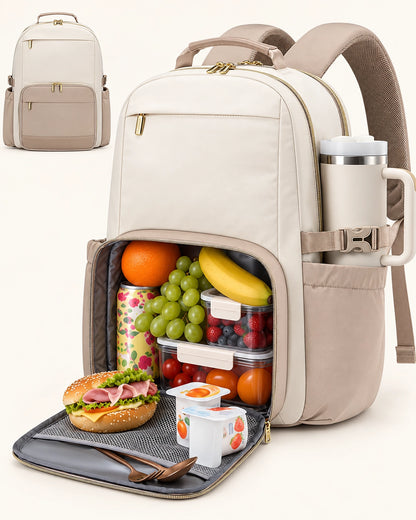 Insulated Lunch Backpack for Women – 15.6" Laptop Work Bag with Lunch Compartment & Tumbler Holder for Office, Travel & College