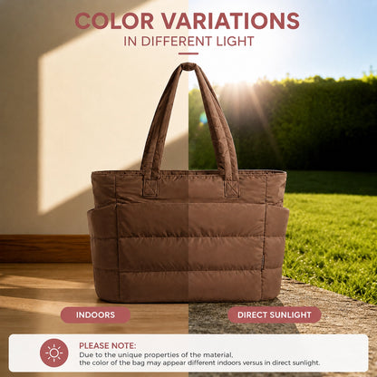 Lightweight Puffy Tote Bag for Women – Quilted Laptop Shoulder Bag with Compartments for Work, Travel & Everyday Use