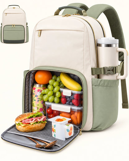 Insulated Lunch Backpack for Women – 15.6" Laptop Work Bag with Lunch Compartment & Tumbler Holder for Office, Travel & College