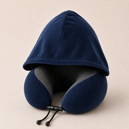 Hooded Memory Foam Travel Neck Pillow – Roll-Up Airplane Neck Support with Eye Mask, Earplugs & Carry Bag