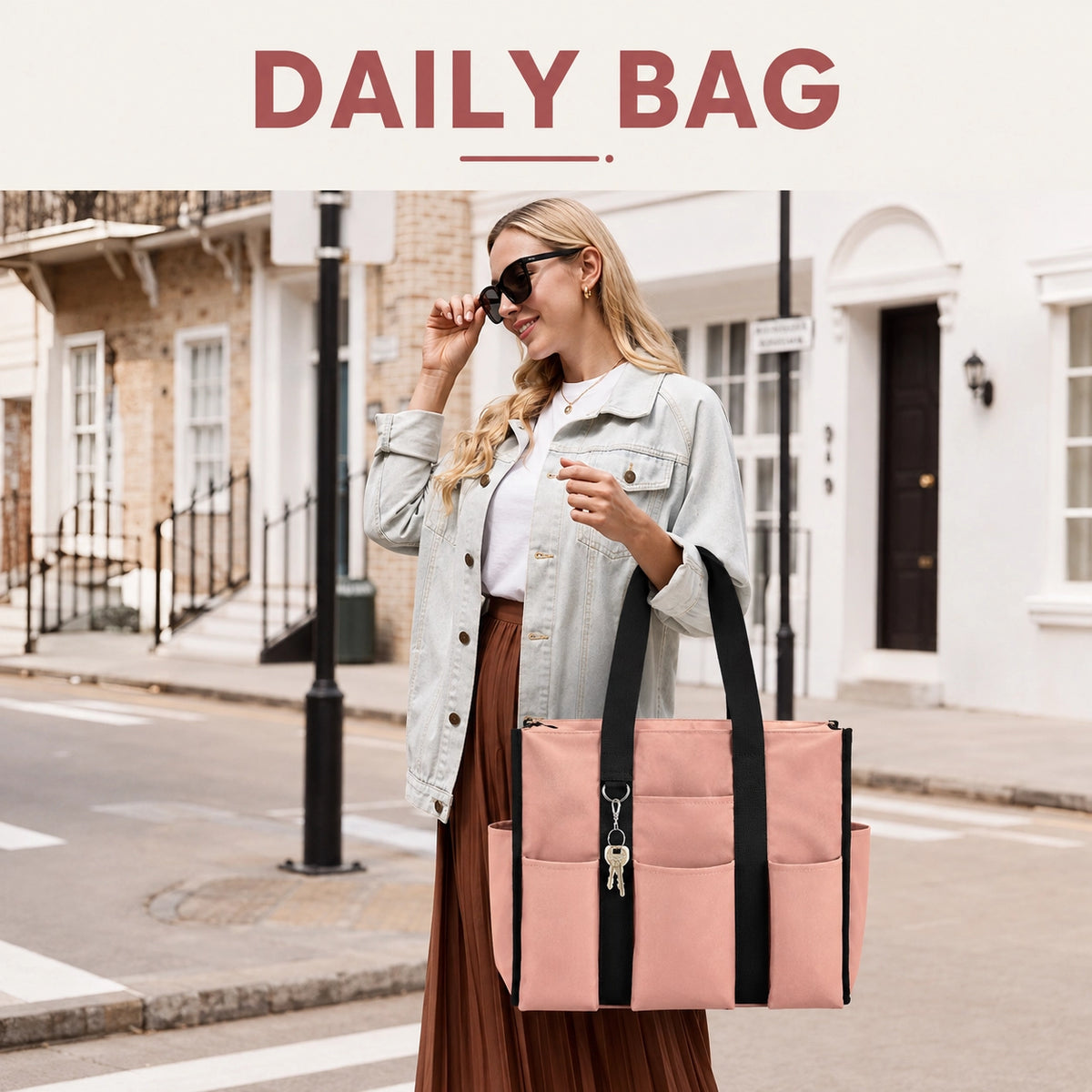 Large Utility Tote Bag with 12 Pockets, Top Zipper & Waterproof Fabric
