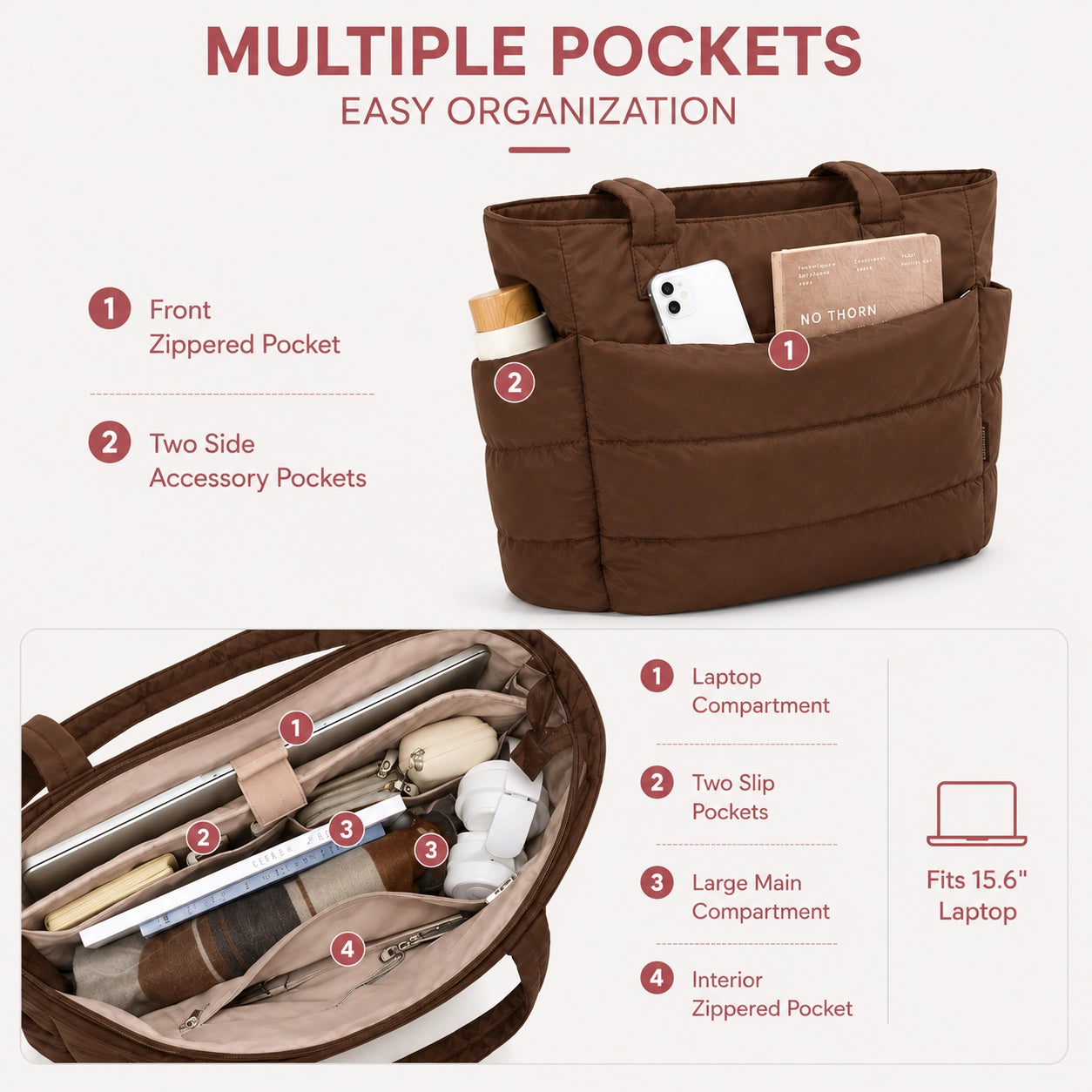 Lightweight Puffy Tote Bag for Women – Quilted Laptop Shoulder Bag with Compartments for Work, Travel & Everyday Use