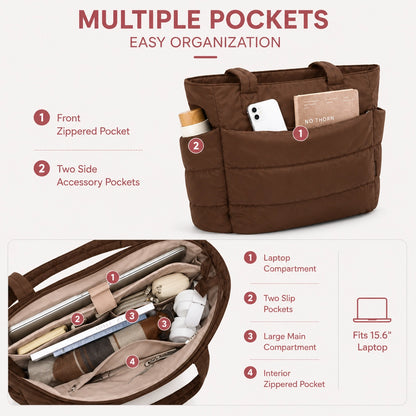 Lightweight Puffy Tote Bag for Women – Quilted Laptop Shoulder Bag with Compartments for Work, Travel & Everyday Use