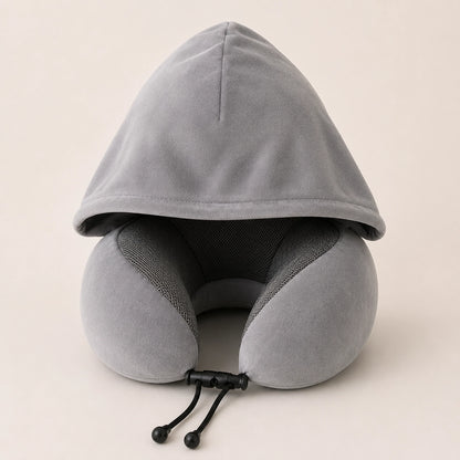 Hooded Memory Foam Travel Neck Pillow – Roll-Up Airplane Neck Support with Eye Mask, Earplugs & Carry Bag