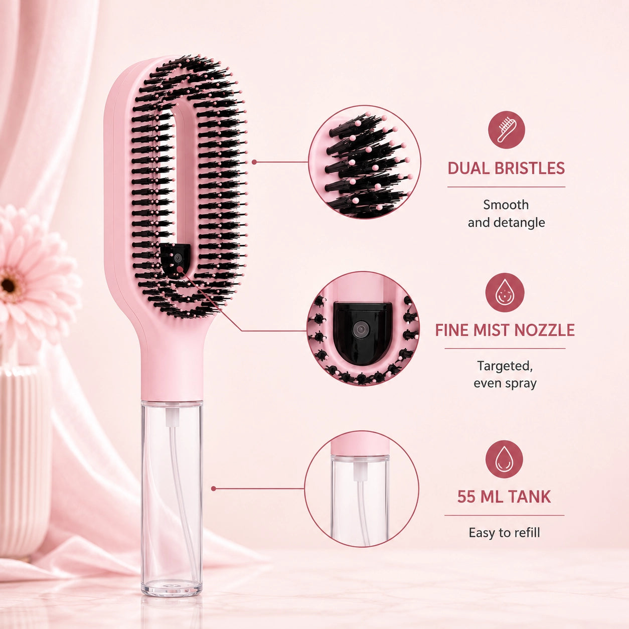 2-in-1 Misting Hair Brush – Detangling Spray Brush for Wet & Dry Hair