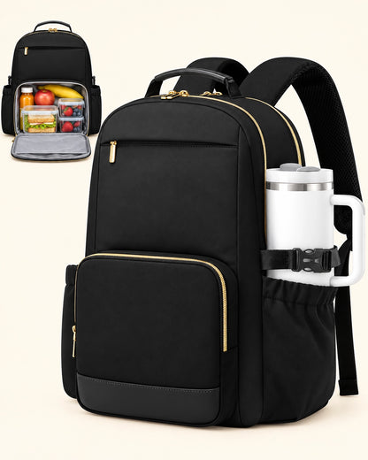 Insulated Lunch Backpack for Women – 15.6" Laptop Work Bag with Lunch Compartment & Tumbler Holder for Office, Travel & College