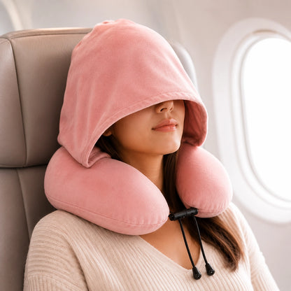 Hooded Memory Foam Travel Neck Pillow – Roll-Up Airplane Neck Support with Eye Mask, Earplugs & Carry Bag