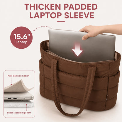 Lightweight Puffy Tote Bag for Women – Quilted Laptop Shoulder Bag with Compartments for Work, Travel & Everyday Use