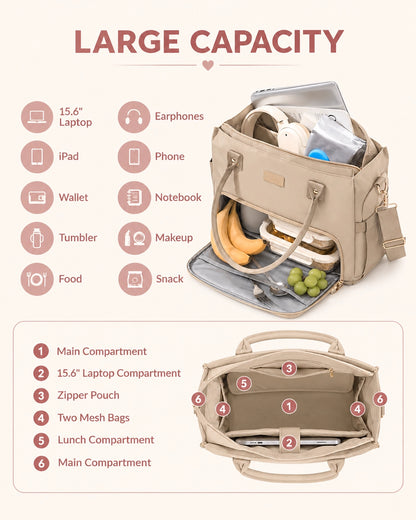 Work Tote Bag for Women – 15.6" Laptop Bag with Separate Lunch Compartment, Large Cup Holder & Spill-Resistant Exterior