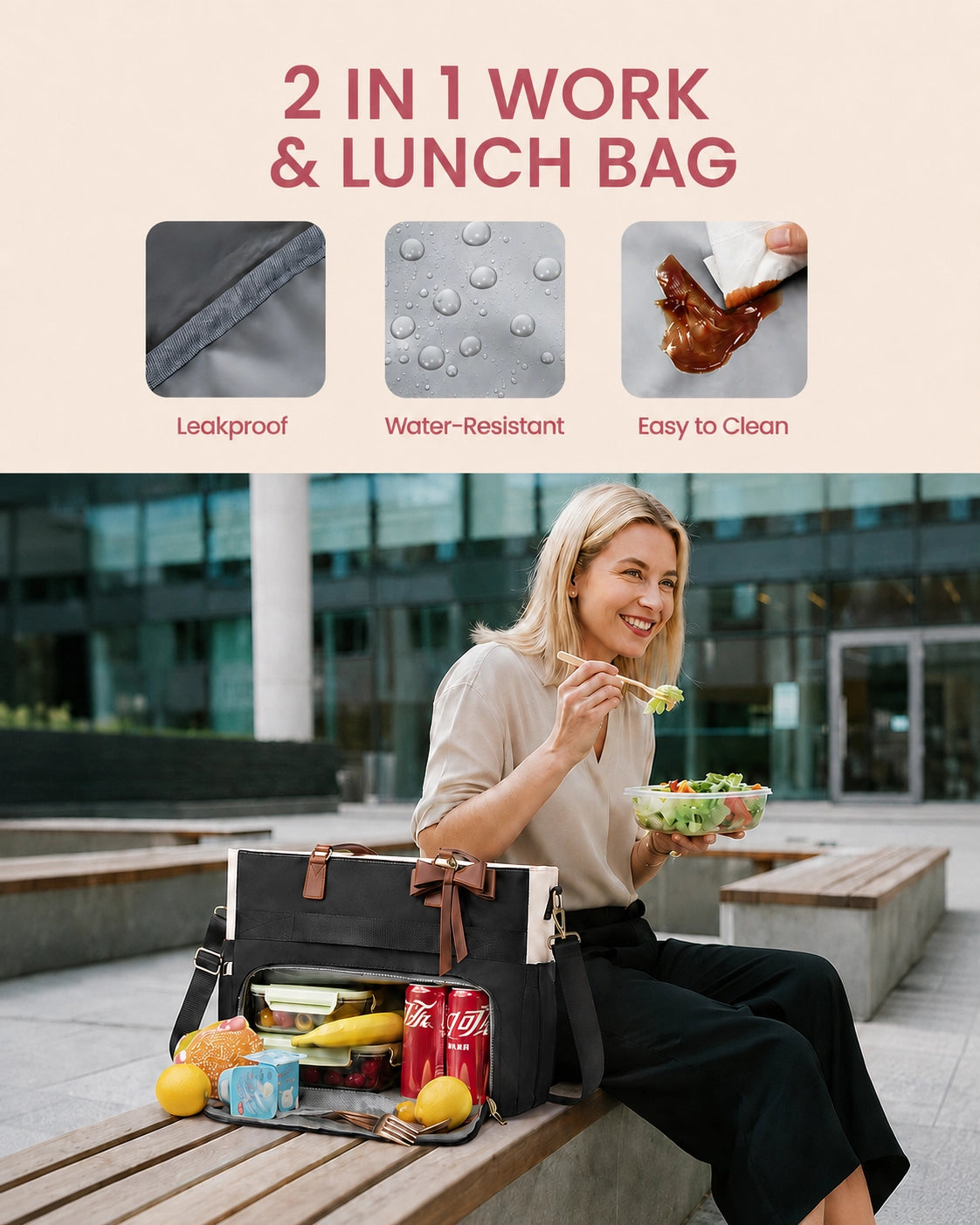 Large Tote Bag for Women with Insulated Lunch Compartment, Laptop Storage, Cup Holder & Waterproof Design
