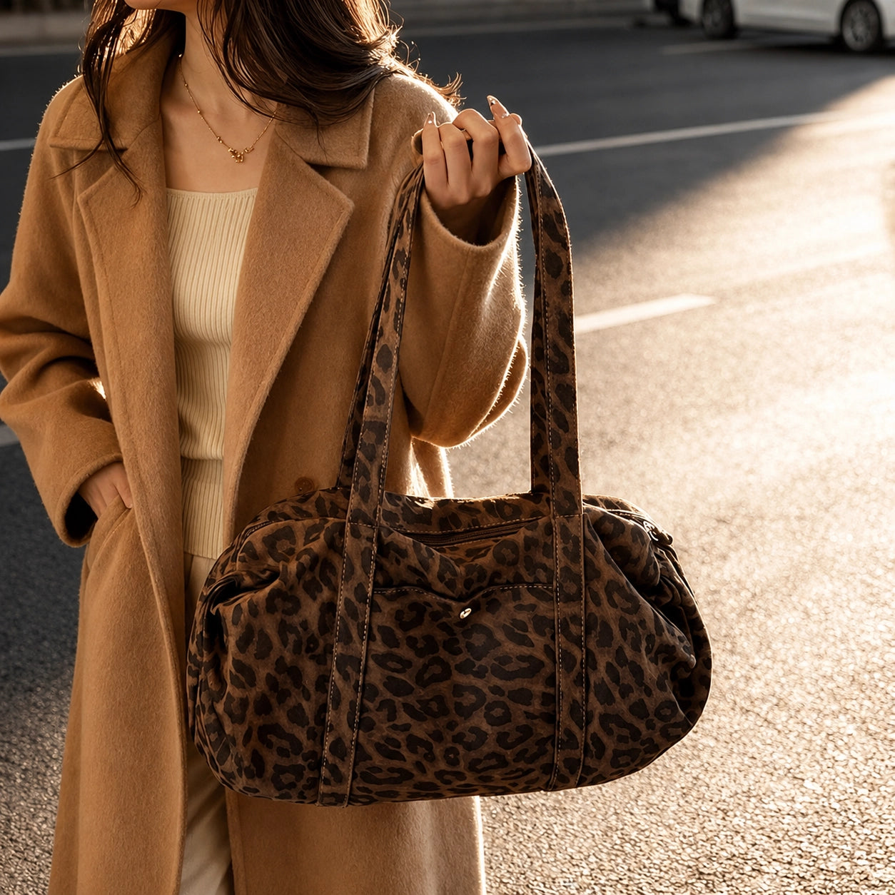 Leopard Print Nylon Shoulder Bag – Lightweight Boston Bag for Everyday & Travel