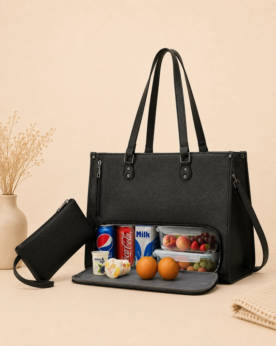 Large Capacity Tote Bag for Women – Insulated Lunch Compartment, Laptop Storage & Tumbler Holder