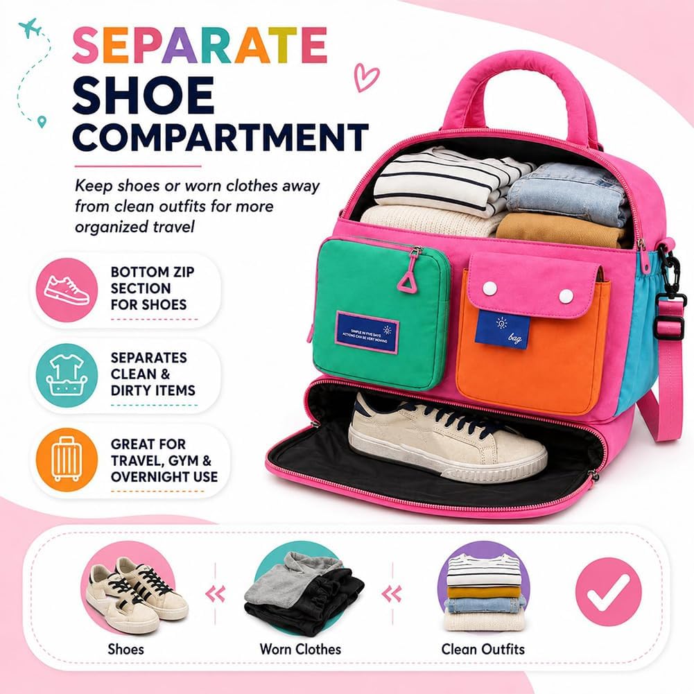 Color Block Weekender Travel Duffel Bag with Shoe Compartment, Waterproof Nylon, Large Capacity for Gym, Travel & Overnight