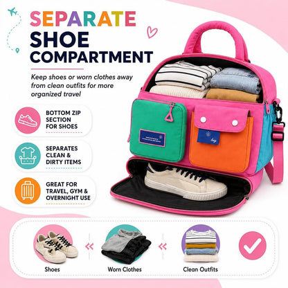 Color Block Weekender Travel Duffel Bag with Shoe Compartment, Waterproof Nylon, Large Capacity for Gym, Travel & Overnight