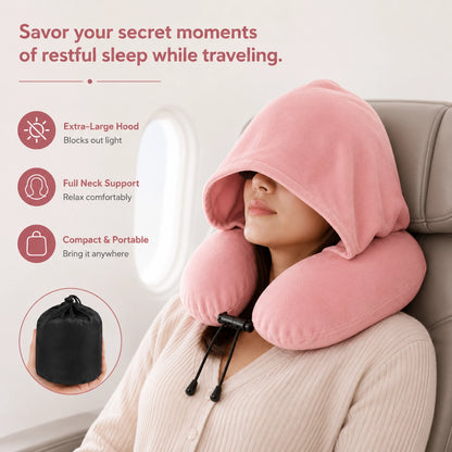 Hooded Memory Foam Travel Neck Pillow – Roll-Up Airplane Neck Support with Eye Mask, Earplugs & Carry Bag