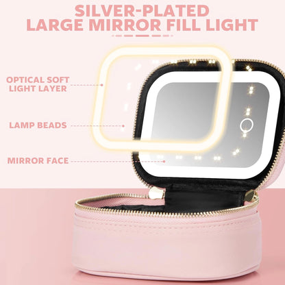Travel Makeup Bag with LED Mirror – 3 Light Modes Portable Cosmetic Organizer