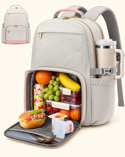 Insulated Lunch Backpack for Women – 15.6" Laptop Work Bag with Lunch Compartment & Tumbler Holder for Office, Travel & College