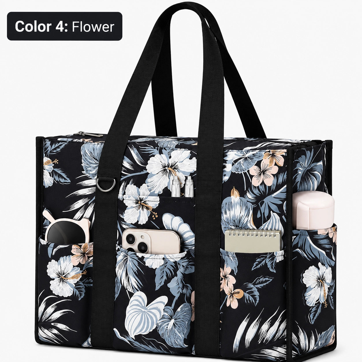 Large Utility Tote Bag with 12 Pockets, Top Zipper & Waterproof Fabric