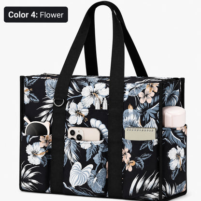 Large Utility Tote Bag with 12 Pockets, Top Zipper & Waterproof Fabric