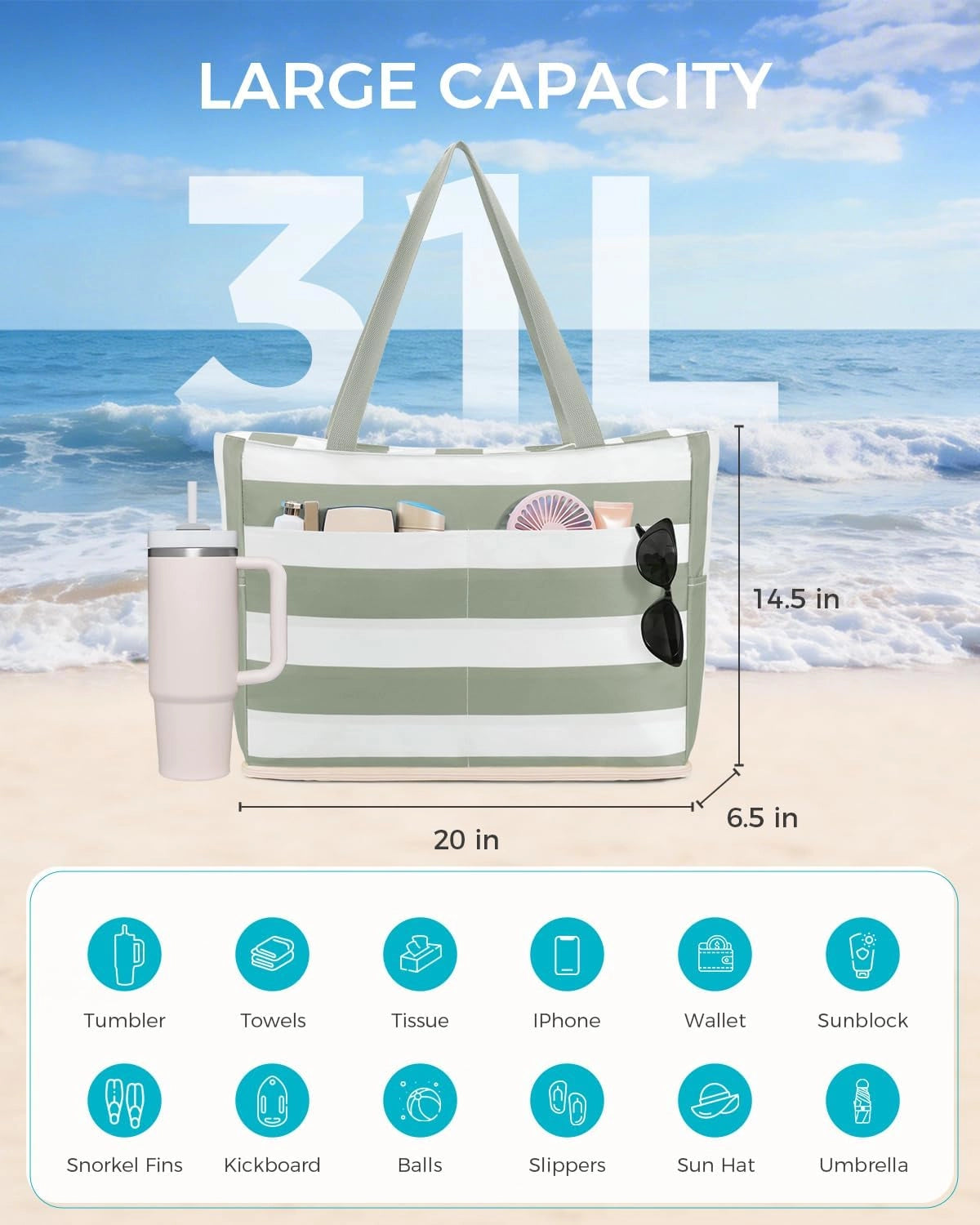 Large Waterproof Beach Tote Bag with Zipper – Spacious, Sandproof & Multi-Pocket for Beach, Travel & Pool