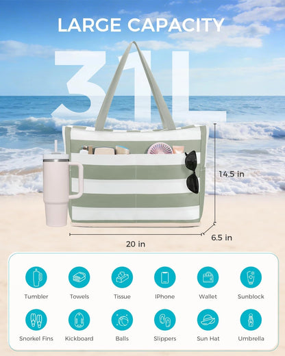 Large Waterproof Beach Tote Bag with Zipper – Spacious, Sandproof & Multi-Pocket for Beach, Travel & Pool