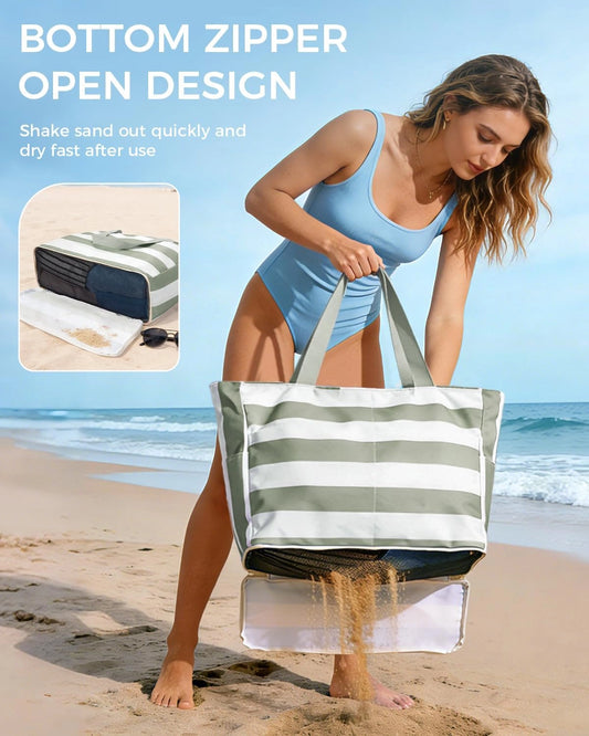 Large Waterproof Beach Tote Bag with Zipper – Spacious, Sandproof & Multi-Pocket for Beach, Travel & Pool