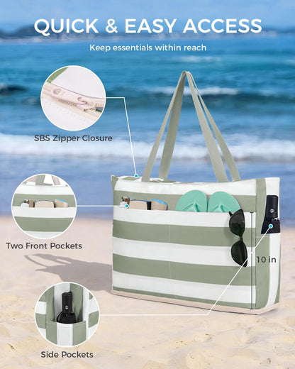 Large Waterproof Beach Tote Bag with Zipper – Spacious, Sandproof & Multi-Pocket for Beach, Travel & Pool