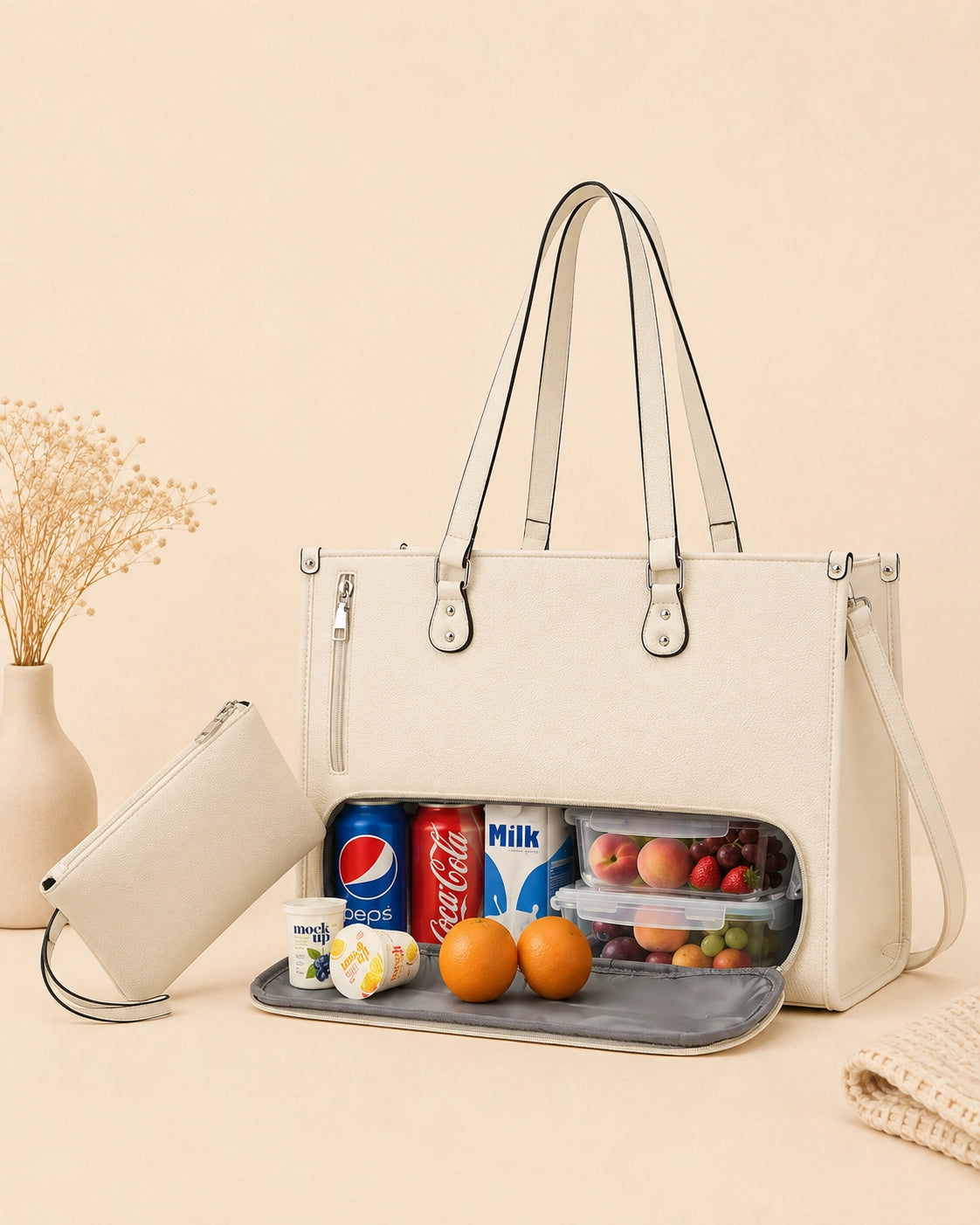 Large Capacity Tote Bag for Women – Insulated Lunch Compartment, Laptop Storage & Tumbler Holder
