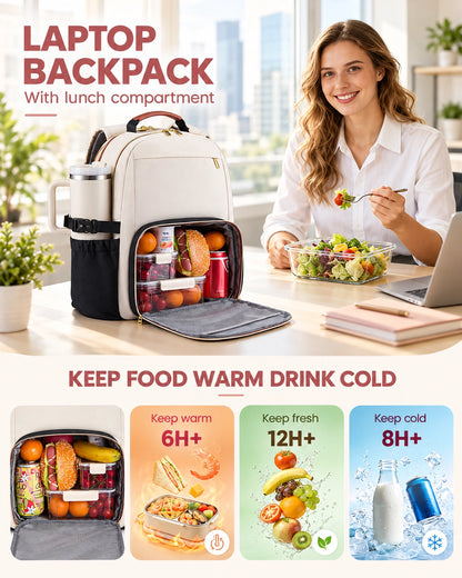 Insulated Lunch Backpack for Women – 15.6" Laptop Work Bag with Lunch Compartment & Tumbler Holder for Office, Travel & College
