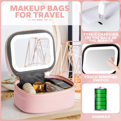 Travel Makeup Bag with LED Mirror – 3 Light Modes Portable Cosmetic Organizer