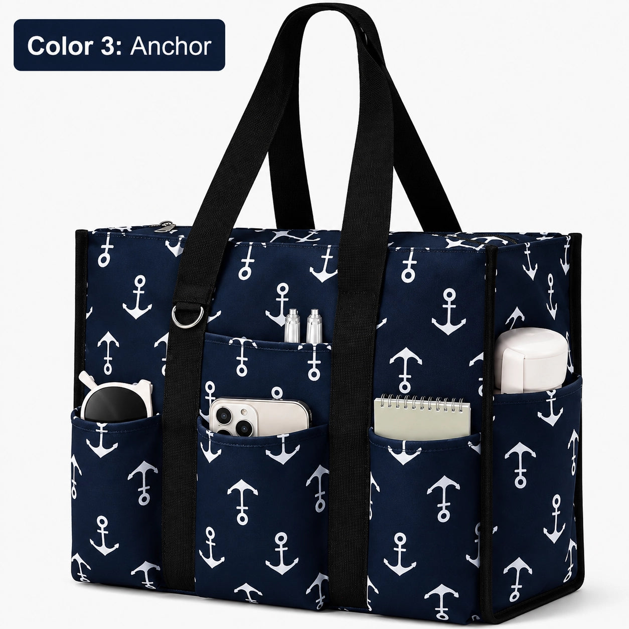 Large Utility Tote Bag with 12 Pockets, Top Zipper & Waterproof Fabric